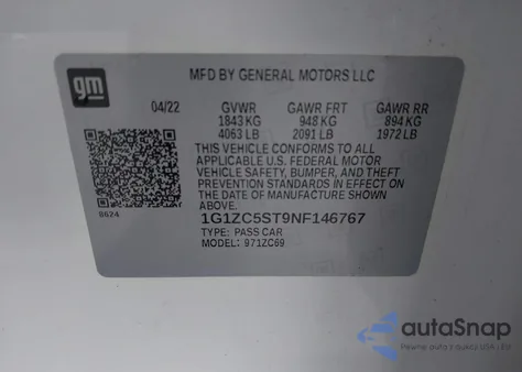 2022 Chevrolet Malibu Fwd 1Fl из США, поврежденный, VIN 1G1ZC5ST9NF146767